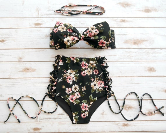 Buy Black Floral High Waist Bikini With Cut Out Sides Online in India - Etsy