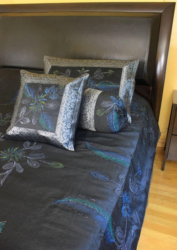 Hand Painted Floral 7 Piece Duvet Cover Set Mystic Black Etsy
