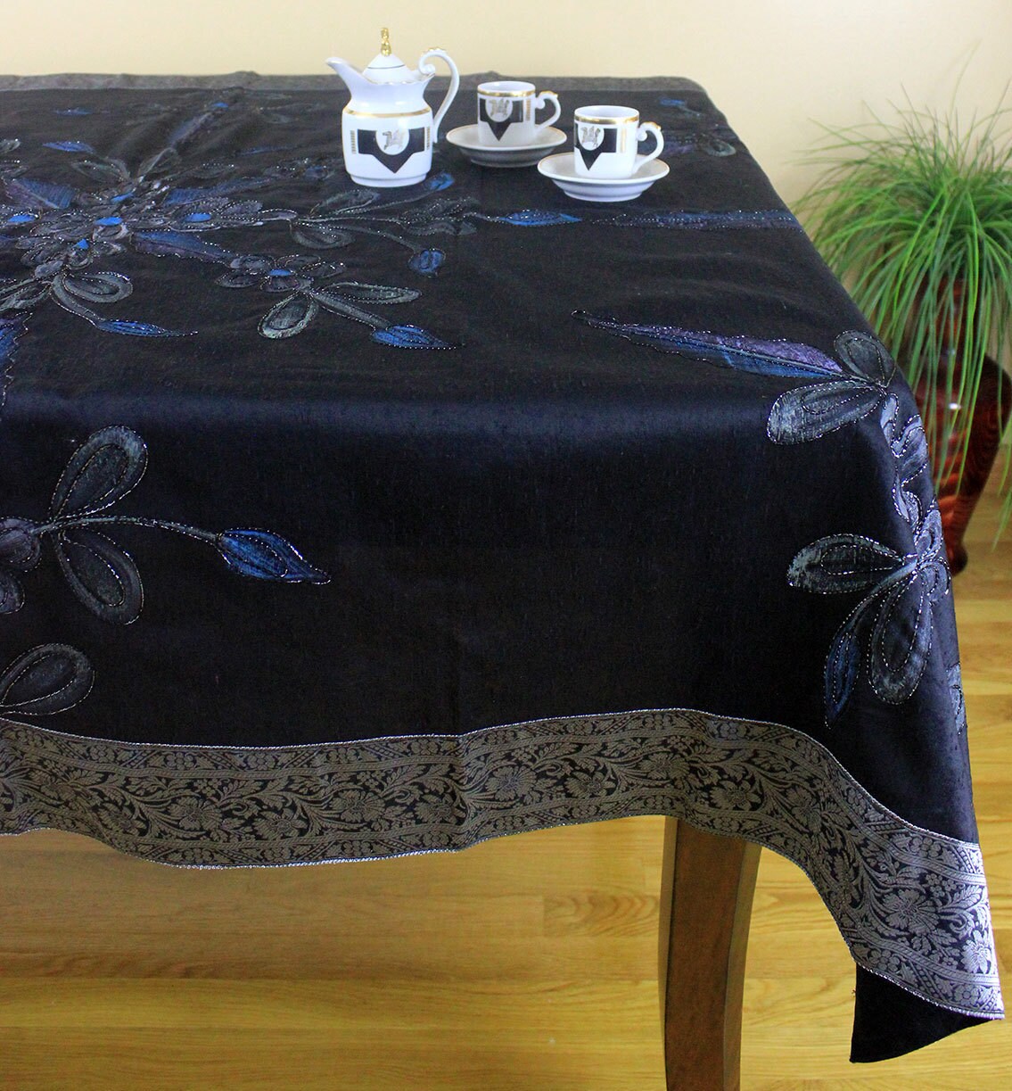 Hand Painted Floral Rectangular Tablecloth mystic Black Etsy