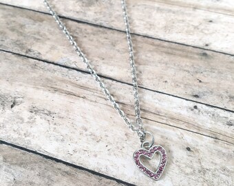 Small pink rhinestone heart necklace