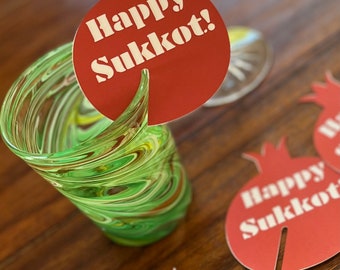 Set of Twelve, "Pomegranate" Drink Tags with a "Happy Sukkot" greeting!