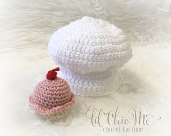 Ready to ship! Handmade crocheted baby bakers hat, baby baker photo prop, bakers hat with cupcake, babies baker hat and cupcake