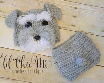 Baby Puppy Hat & Diaper Cover Set/Crochet Schnauzer Newborn Photo Prop