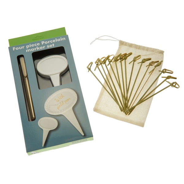 Party Tableware 4 Porcelain Food Cheese Marker Set, 15 Bamboo Skewers Cocktail Sticks & Cotton Drawstring Bag