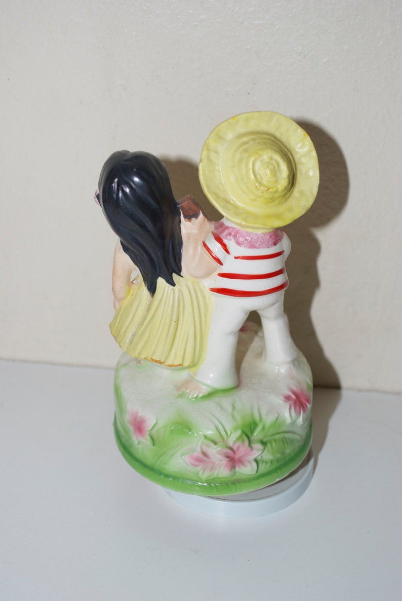 Hawaiian Couple Revolving Ceramic Music Box Hula Girl Ukulele Tiny Bubbles
