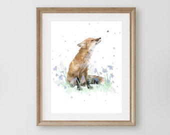 WATERCOLOUR FOX PRINT, fox painting, fox wall art, country home decor, british wildlife animal print, fox gifts, country living room decor