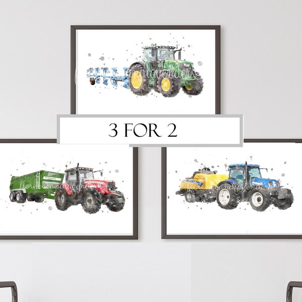 Set of watercolour tractor prints, farm vehicles, tractor bedroom nursery wall art, farm nursery decor, toddler room, john deere tractor art