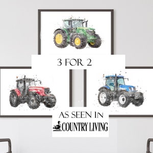 Set of watercolour tractor prints, john deere tractor combine harvester, tractor farm nursery wall art, tractor gifts, tractor wall art set