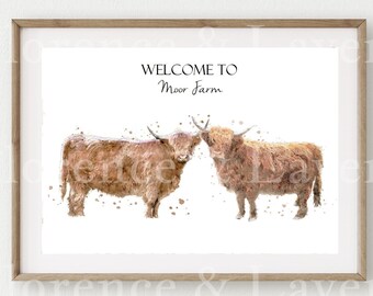 highland cow print wall art, watercolour highland cow painting, personalised print, cow decor, highland cow picture, cow gift, house gift