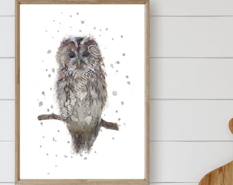 watercolour owl print, owl wall art, tawny owl painting, owl pictures, british wildlife animals, woodland animals, owl gifts, owl poster