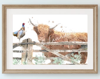 highland cow print, highland cow painting, pheasant painting, watercolour highland cow wall art, country home decor, highland cow pictures