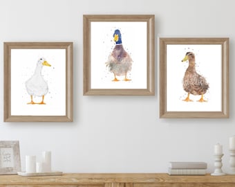 watercolour duck prints, duck painting, duck gifts, set of duck prints, duck wall art, country home decor, wildlife animal prints, duck art