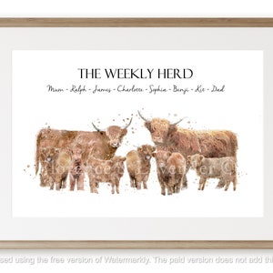 personalised family print, custom family gift, family portait, gift for mum mom, gift from children, highland cow gift, country home decor,