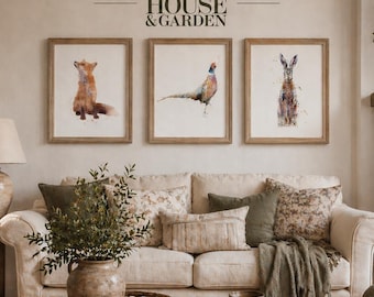 watercolour hare pheasant fox wall art prints, set of wildlife animals prints, british woodland animal fine art, country home decor, cottage