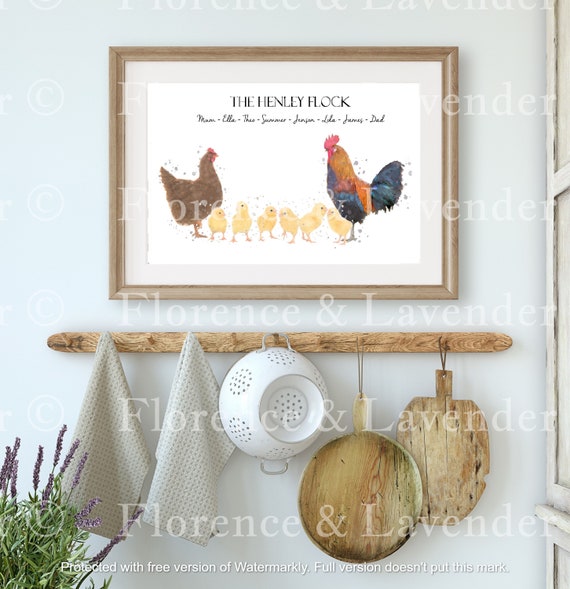 Watercolour Chicken Wall Art, Mothers Day Gift, Country Home Decor,  Personalised Family Print, Custom Family Gift, Gift for Mum, Dad Gift, 