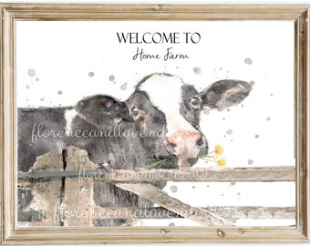 personalised home sign print, housewarming gift, country home decor, cow wall art, holstein cow gift, new home gift, cow painting, farmhouse