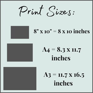 K&ouml;nnte beinhalten: Druckgr&ouml;&szlig;en f&uuml;r Kunstwerke, die drei verschiedene Gr&ouml;&szlig;en zeigen: 8 x 10 Zoll, A4 (8,3 x 11,7 Zoll) und A3 (11,7 x 16,5 Zoll).