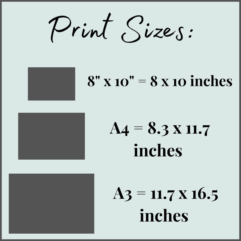 K&ouml;nnte beinhalten: Druckgr&ouml;&szlig;en f&uuml;r Kunstwerke, die drei verschiedene Gr&ouml;&szlig;en zeigen: 8 x 10 Zoll, A4 (8,3 x 11,7 Zoll) und A3 (11,7 x 16,5 Zoll).