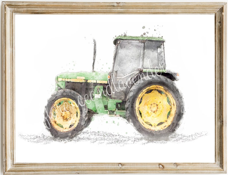 K&ouml;nnte beinhalten: Ein Aquarellbild eines gr&uuml;nen Traktors mit gelben R&auml;dern. Der Traktor ist in einem realistischen Stil mit Farbspritzern gemalt.