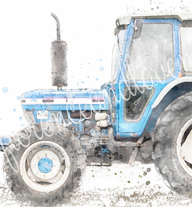 K&ouml;nnte beinhalten: Ein blaues und wei&szlig;es Aquarellbild eines Traktors. Der Traktor hat ein gro&szlig;es Vorderrad und ein kleineres Hinterrad. Der Traktor ist vor einem wei&szlig;en Hintergrund platziert.