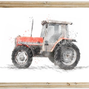 K&ouml;nnte beinhalten: Aquarellmalerei eines roten und grauen Traktors auf wei&szlig;em Hintergrund. Der Traktor hat ein gro&szlig;es Vorderrad und ein kleineres Hinterrad. Das Gem&auml;lde ist in einem lockeren, impressionistischen Stil gehalten.