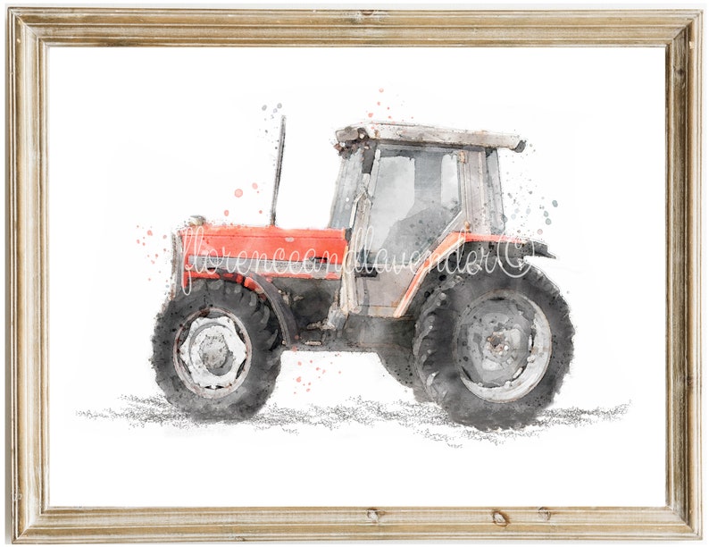 K&ouml;nnte beinhalten: Aquarellmalerei eines roten und grauen Traktors auf wei&szlig;em Hintergrund. Der Traktor hat ein gro&szlig;es Vorderrad und ein kleineres Hinterrad. Das Gem&auml;lde ist in einem lockeren, impressionistischen Stil gehalten.