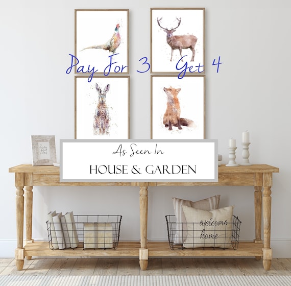 WATERCOLOUR SET OF wildlife animal prints, british wildlife wall art, hare fox badger hedgehog stag pheasant portrait, woodland animals farm