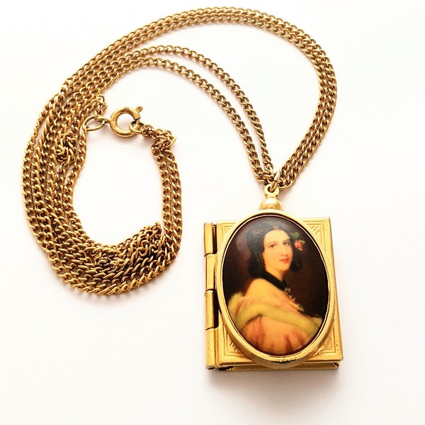 Civil War Reproduction Locket Jewelry, 1800s Revival Mary Lincoln Pendant Necklace, Vintage Gold Tone Book Locket