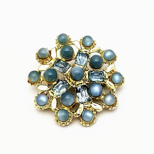 Vintage Moonstone Blue Emerald Cut Rhinestone Brooch Pin Gold Tone, Mid Century Fashion, Gift For Vintage Lover