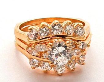 Ladies 1 CT CZ Wedding Ring Set, Vintage Gold Plated Bridal Set, Vintage CZ Cluster Ladies Size 8 Ring