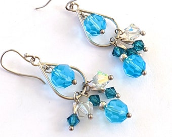 Handmade Sterling Silver Blue Glass Beaded Earrings, Vintage Blue Glass Earrings, Ice Blue Jewelry