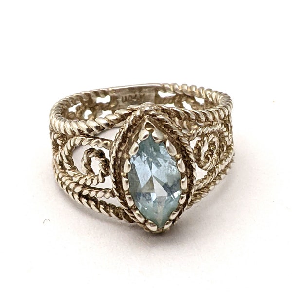 Avon 925 RL Sterling Silver Topaz Ring, Victorian Revival Sterling Silver Filagree Ring, Blue Gemstone Vintage Jewelry