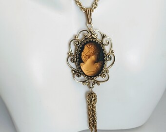 Black Cameo necklace Religious medal catholic cameo vintage brooch gold pendant necklace faux diamond gift for her anniversary