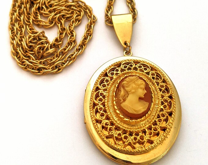 Large Oval Cameo Locket Necklace, Vintage Gold Tone Long Length Pendant