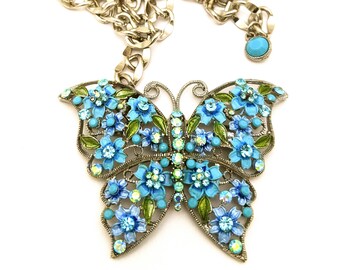 Vintage Blue Rhinestone Belt, Ladies Silver Chain Belt, Vintage Rhinestone Butterfly Buckle