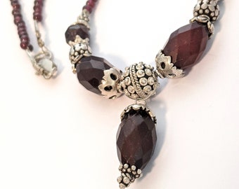 Vintage Garnet Bead Necklace, Sterling Silver Beaded Gemstone Necklace, Vintage Bali Style Gemstone Jewelry