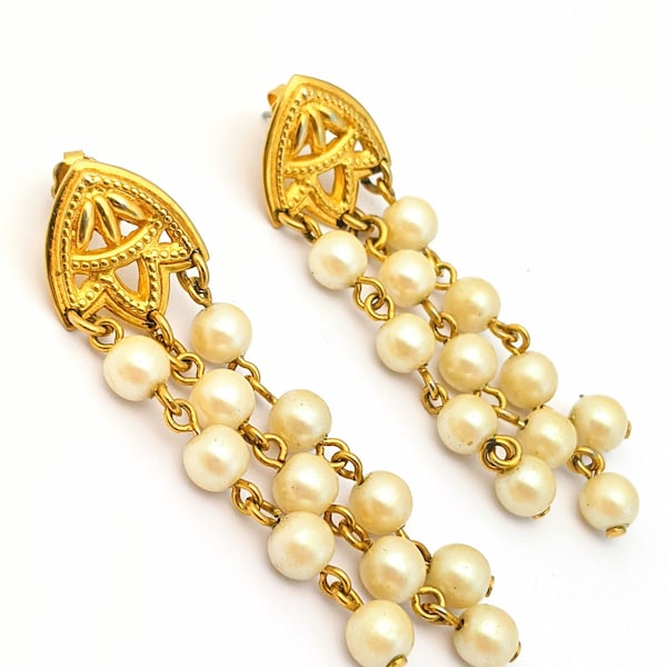 Long White Beaded Gold Tone Earrings, Vintage Faux Pearl Dangle Drop Earrings, Victorian Revival Costume Jewelry
