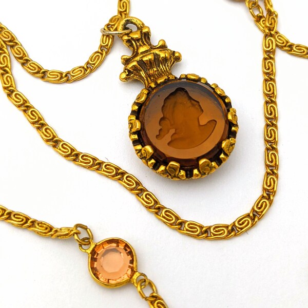 Signed Goldette Brown Glass Cameo Pendant Necklace, Gold Tone Multi Strand Layered Chain Necklace, Vintage 70s Fashion