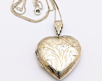 Large Sterling Silver Puffy Heart Locket Necklace, Vintage Sterling Silver Etched Heart Pendant, Art Noveau Locket