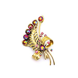 AB Rhinestone Floral Spray Gold Tone Brooch, Vintage Pink Rhinestone Pin Brooch, 1950s Costume Jewelry