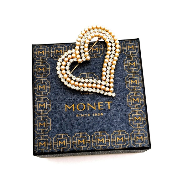 Monet Heart Shape Brooch With Faux Pearls And Rhinestones, Large Heart Rhinestone Brooch, Jewelry Gift For Mom