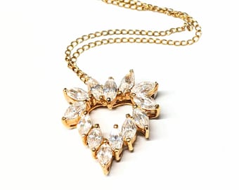 12k GF Gold Filled Rhinestone Heart Pendant Necklace, Vintage Jewelry