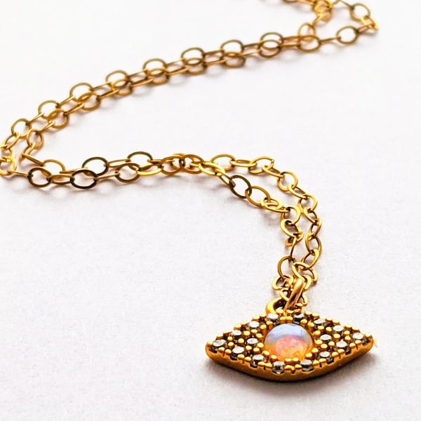 Cute Small 14k GF Sparkly Opal Pendant, Natural Fiery Opal Gold Filled Necklace, Tiny Gold Evil Eye Gemstone Necklace