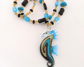Art Glass Seahorse Pendant Necklace, Hand Blown Glass Pendant Necklace, Vintage Blue Glass Faceted Bead Necklace