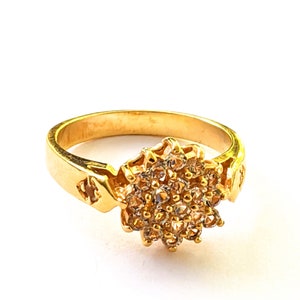 Vintage Gold Tone Rhinestone Cluster Flower Ring, Gold Tone Crystal Cocktail Ring, Vintage Rhinestone Costume Jewelry