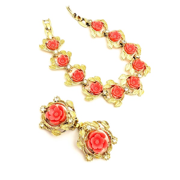 Vintage Pink Roses Molded Plastic Celluloid Rhinestone Bracelet, Vintage Rhinestone Flower Summer Bracelet, 50s 60s Floral Jewelry Sets