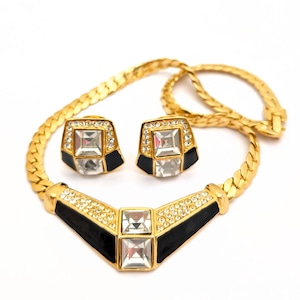 Parklane Black Enamel Rhinestone Necklace And Earrings Jewelry Set, Vintage Gold And Black Rhinestone Necklace, Vintage 60s Costume Jewelry