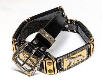 80s Gold and Silver Panther Black Leather Belt, Size M Black And Gold Gaudy Belt, 80s Fashion