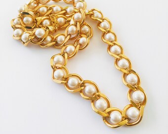 Vintage Caged Faux Pearl Necklace, Gold Tone Long Length Pearls, Necklace For Mom