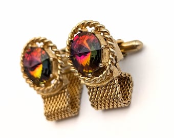 Vintage Rivoli Stone Gold Tone Mesh Cufflinks, 70s Mens Accessory